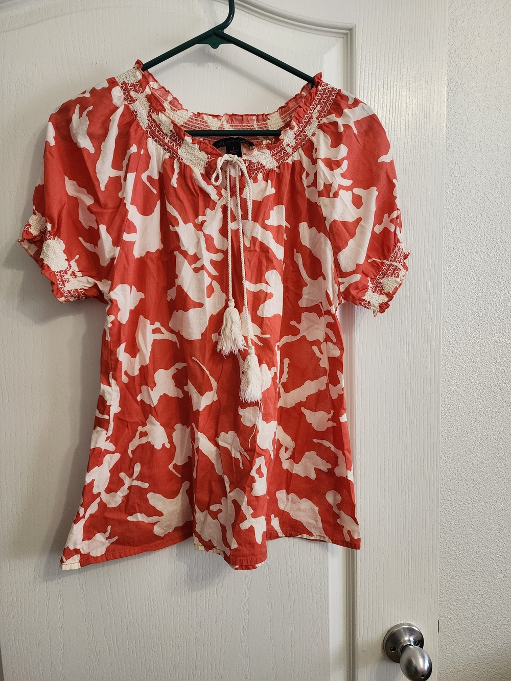 Red & White Smocked Peasant Tunic Top with Tassel Tie
